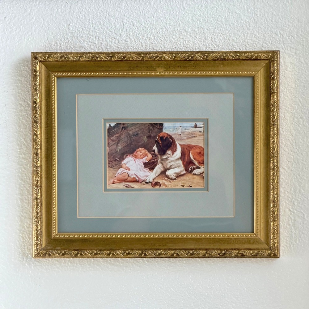 Vintage Framed Victorian St. Bernard Dog Sleeping Girl 10x12 Landseer Variant
